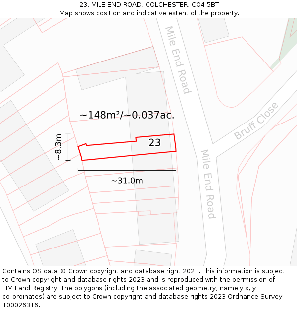 23, MILE END ROAD, COLCHESTER, CO4 5BT: Plot and title map