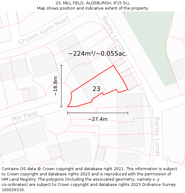 23, MILL FIELD, ALDEBURGH, IP15 5LL: Plot and title map