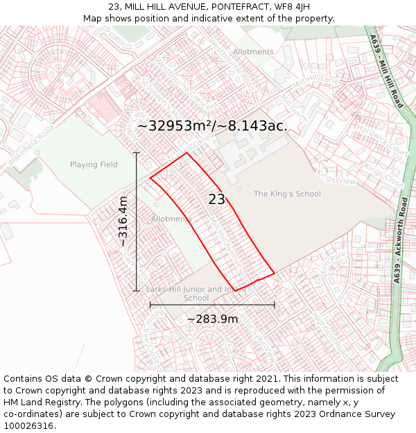 23, MILL HILL AVENUE, PONTEFRACT, WF8 4JH: Plot and title map