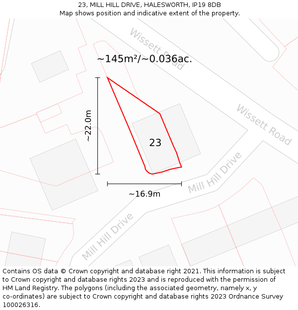 23, MILL HILL DRIVE, HALESWORTH, IP19 8DB: Plot and title map