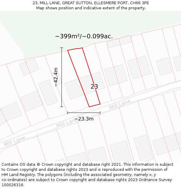 23, MILL LANE, GREAT SUTTON, ELLESMERE PORT, CH66 3PE: Plot and title map