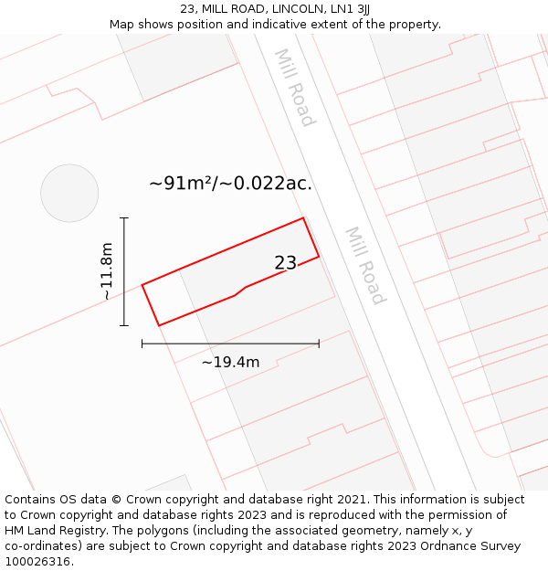 23, MILL ROAD, LINCOLN, LN1 3JJ: Plot and title map