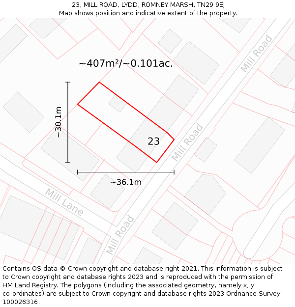 23, MILL ROAD, LYDD, ROMNEY MARSH, TN29 9EJ: Plot and title map