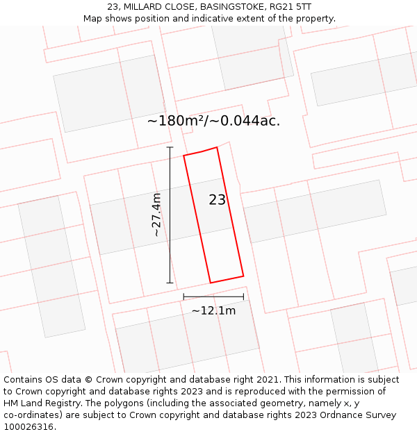 23, MILLARD CLOSE, BASINGSTOKE, RG21 5TT: Plot and title map