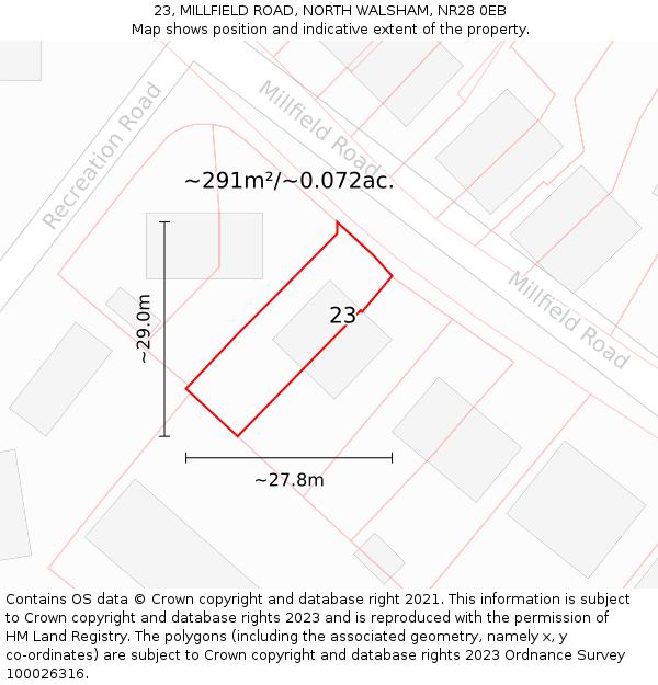 23, MILLFIELD ROAD, NORTH WALSHAM, NR28 0EB: Plot and title map