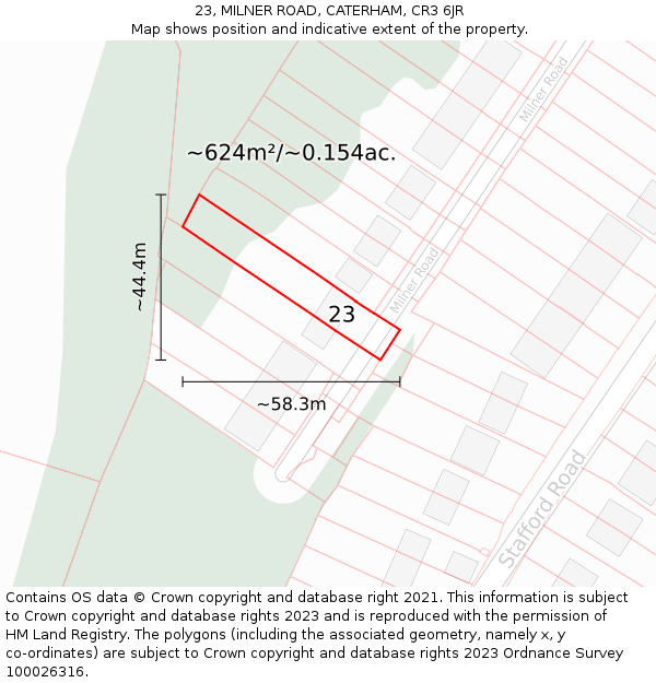 23, MILNER ROAD, CATERHAM, CR3 6JR: Plot and title map