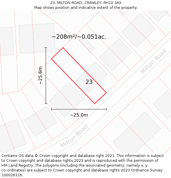 23, MILTON ROAD, CRAWLEY, RH10 3AX: Plot and title map