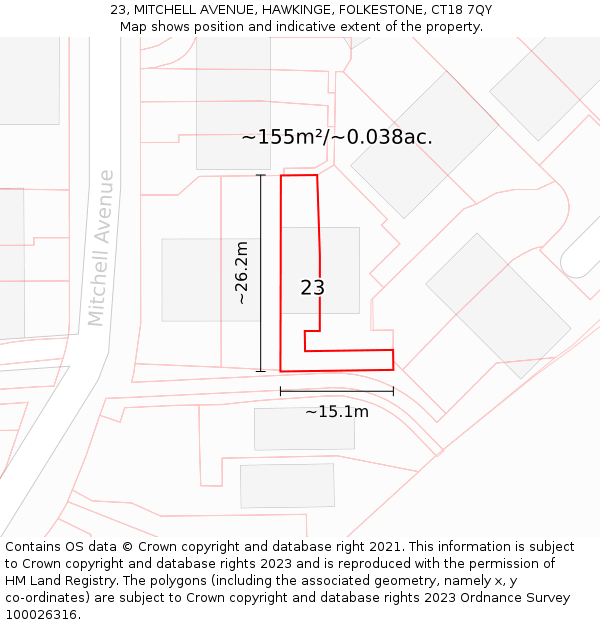 23, MITCHELL AVENUE, HAWKINGE, FOLKESTONE, CT18 7QY: Plot and title map