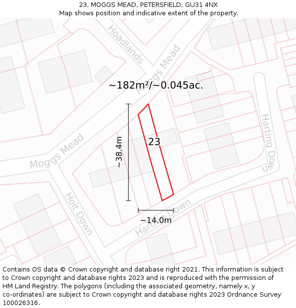 23, MOGGS MEAD, PETERSFIELD, GU31 4NX: Plot and title map