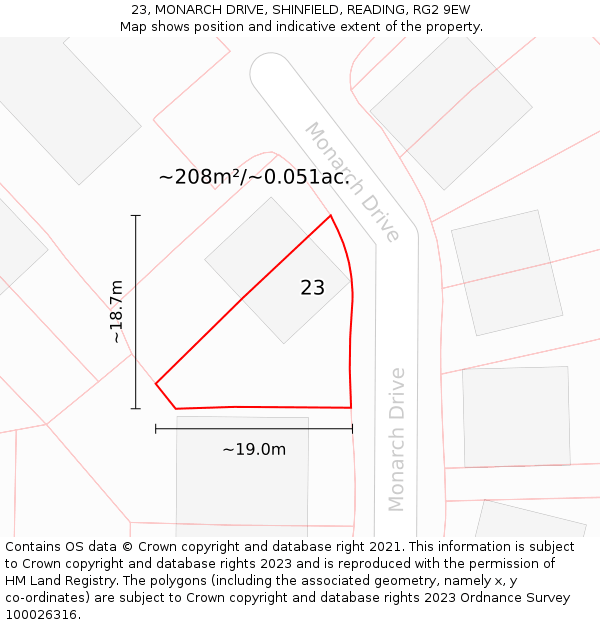 23, MONARCH DRIVE, SHINFIELD, READING, RG2 9EW: Plot and title map