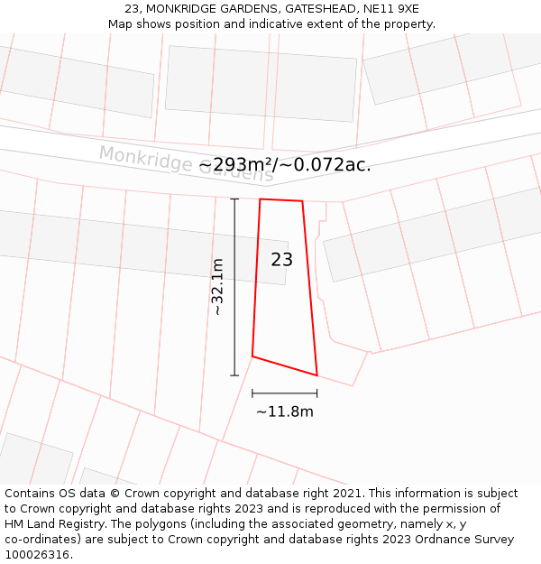 23, MONKRIDGE GARDENS, GATESHEAD, NE11 9XE: Plot and title map