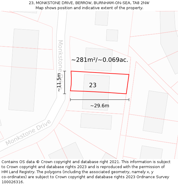 23, MONKSTONE DRIVE, BERROW, BURNHAM-ON-SEA, TA8 2NW: Plot and title map