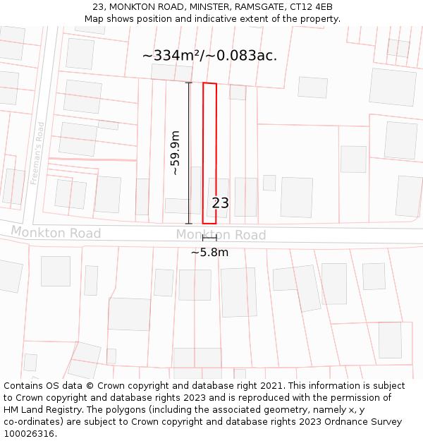 23, MONKTON ROAD, MINSTER, RAMSGATE, CT12 4EB: Plot and title map