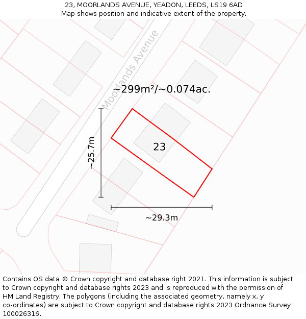 23, MOORLANDS AVENUE, YEADON, LEEDS, LS19 6AD: Plot and title map