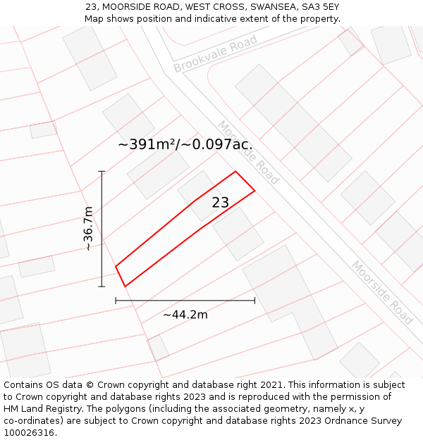 23, MOORSIDE ROAD, WEST CROSS, SWANSEA, SA3 5EY: Plot and title map