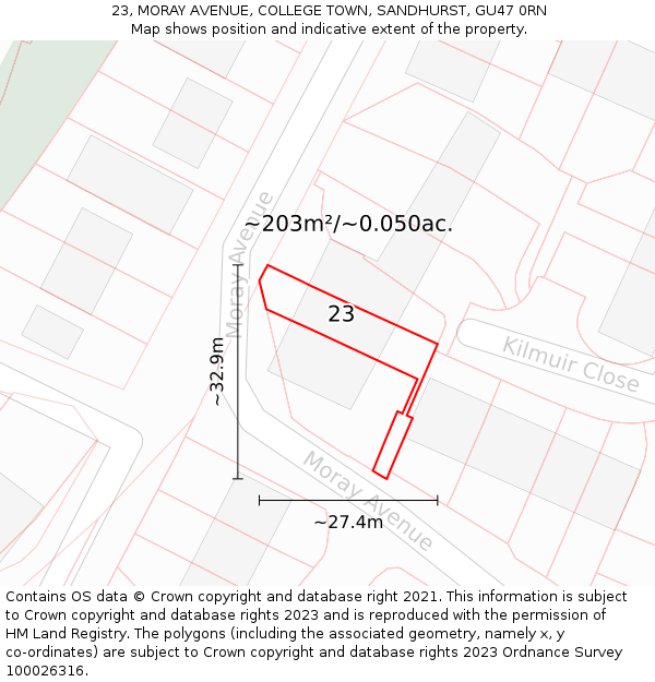 23, MORAY AVENUE, COLLEGE TOWN, SANDHURST, GU47 0RN: Plot and title map