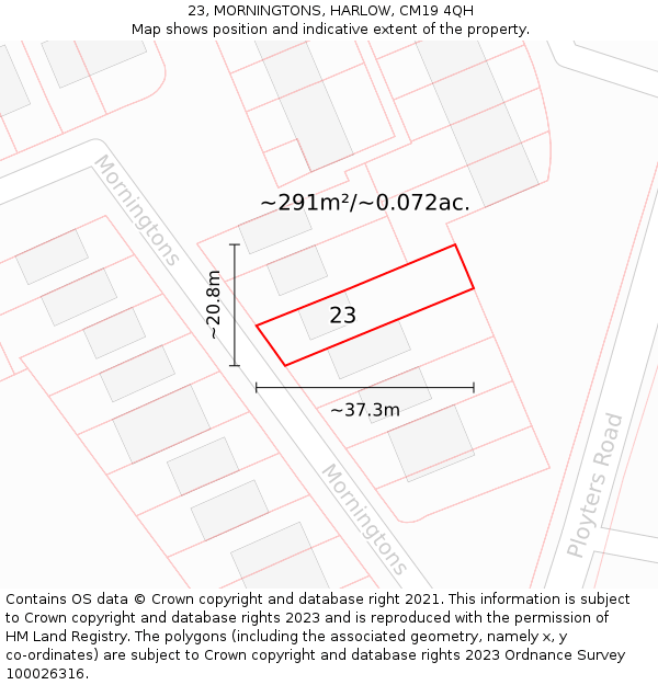 23, MORNINGTONS, HARLOW, CM19 4QH: Plot and title map