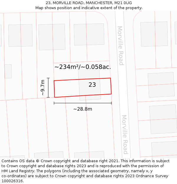 23, MORVILLE ROAD, MANCHESTER, M21 0UG: Plot and title map