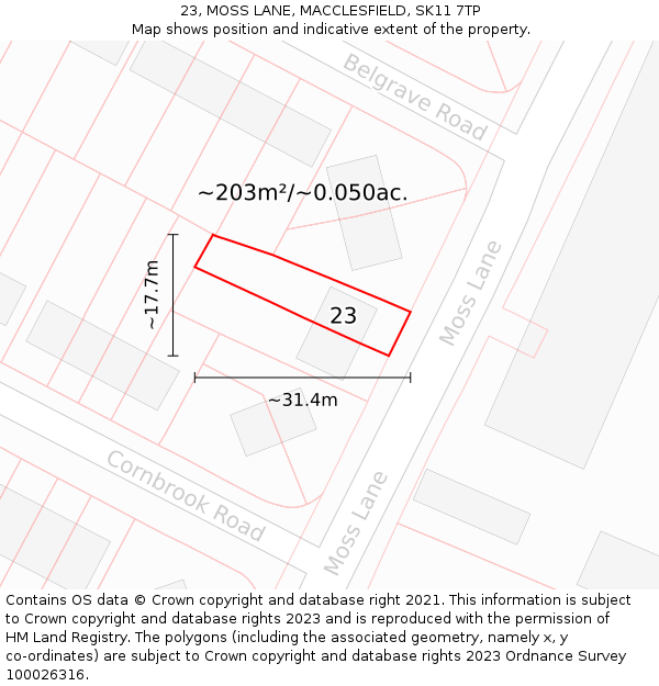 23, MOSS LANE, MACCLESFIELD, SK11 7TP: Plot and title map