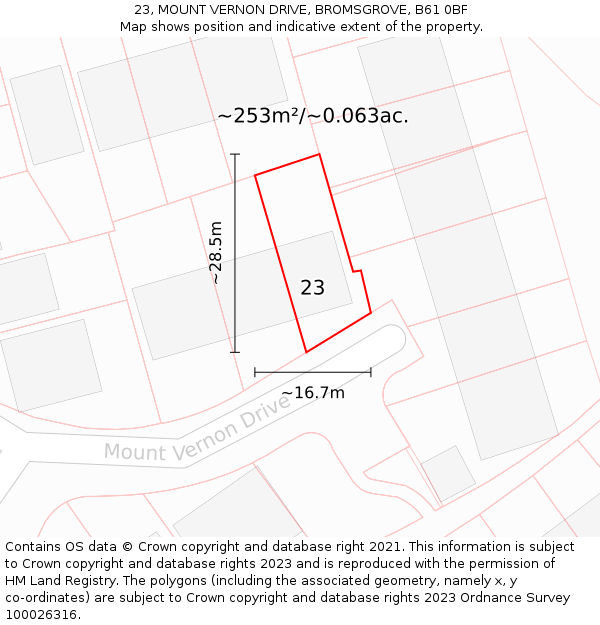 23, MOUNT VERNON DRIVE, BROMSGROVE, B61 0BF: Plot and title map