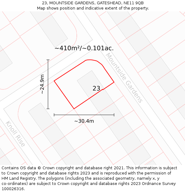 23, MOUNTSIDE GARDENS, GATESHEAD, NE11 9QB: Plot and title map