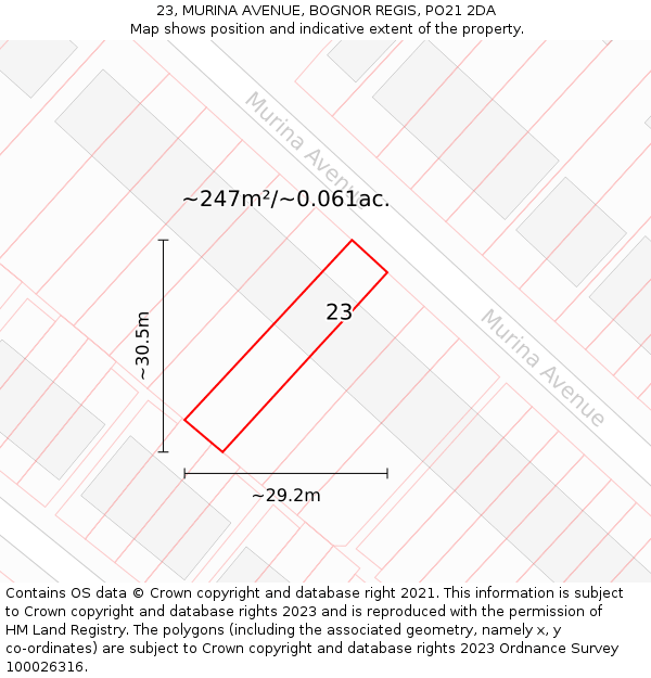 23, MURINA AVENUE, BOGNOR REGIS, PO21 2DA: Plot and title map