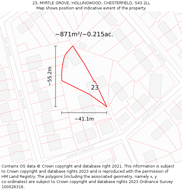 23, MYRTLE GROVE, HOLLINGWOOD, CHESTERFIELD, S43 2LL: Plot and title map