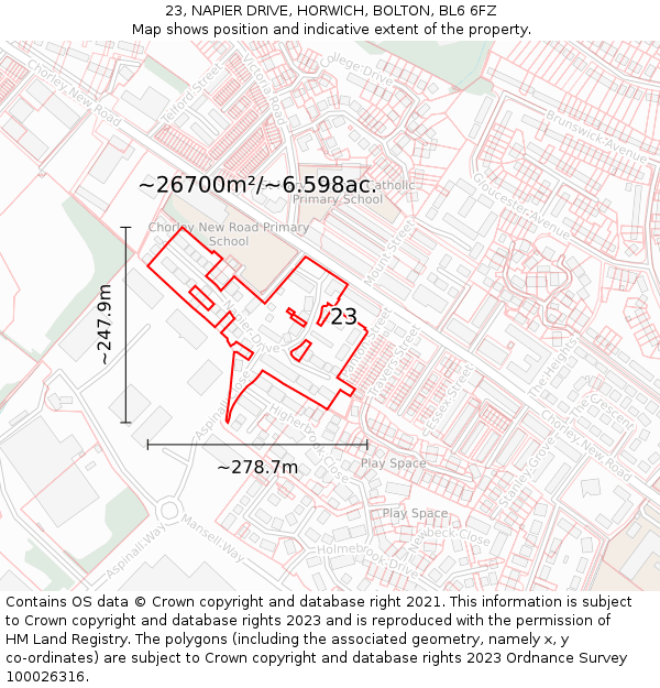 23, NAPIER DRIVE, HORWICH, BOLTON, BL6 6FZ: Plot and title map