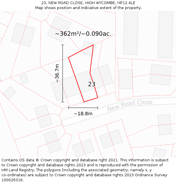 23, NEW ROAD CLOSE, HIGH WYCOMBE, HP12 4LE: Plot and title map