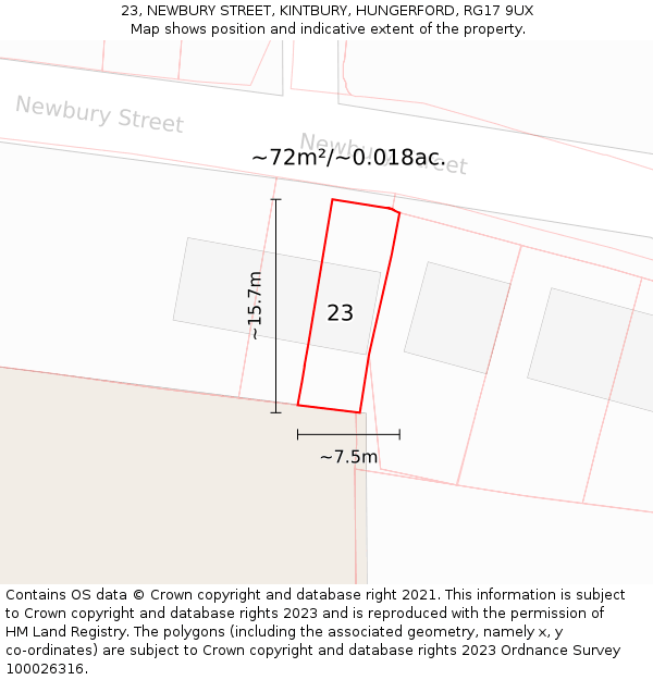 23, NEWBURY STREET, KINTBURY, HUNGERFORD, RG17 9UX: Plot and title map