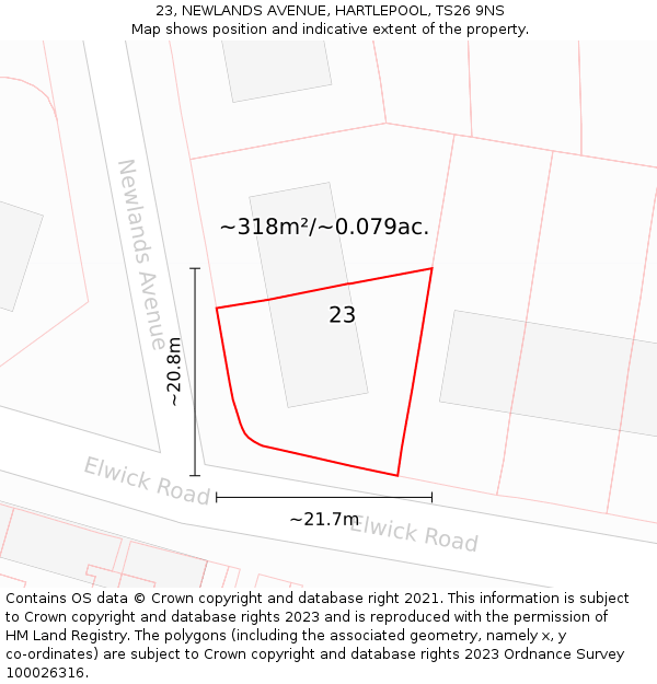 23, NEWLANDS AVENUE, HARTLEPOOL, TS26 9NS: Plot and title map