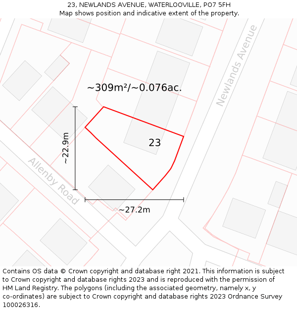 23, NEWLANDS AVENUE, WATERLOOVILLE, PO7 5FH: Plot and title map