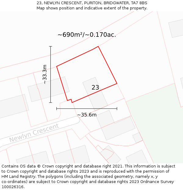 23, NEWLYN CRESCENT, PURITON, BRIDGWATER, TA7 8BS: Plot and title map