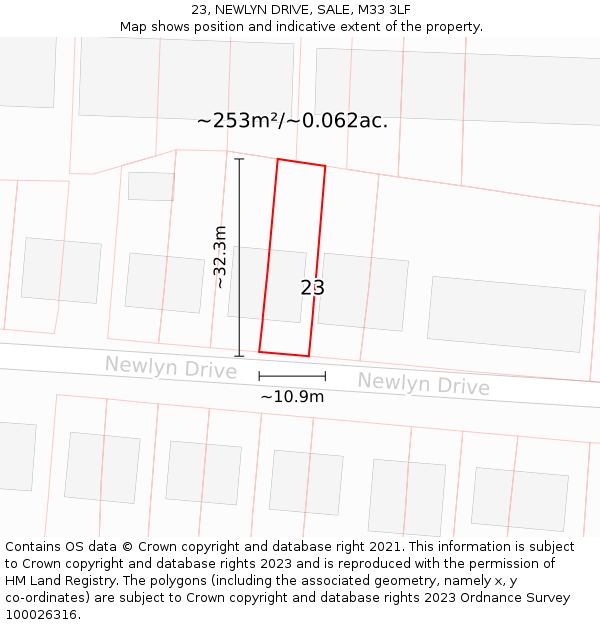 23, NEWLYN DRIVE, SALE, M33 3LF: Plot and title map