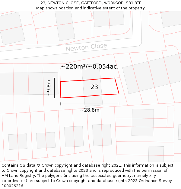 23, NEWTON CLOSE, GATEFORD, WORKSOP, S81 8TE: Plot and title map
