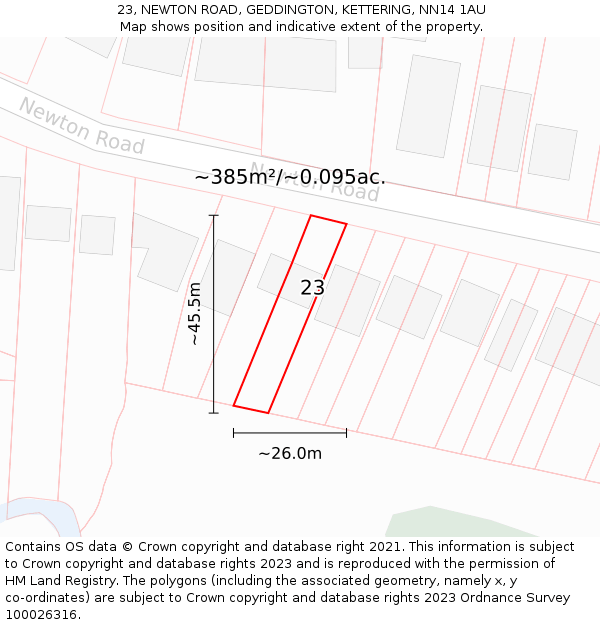 23, NEWTON ROAD, GEDDINGTON, KETTERING, NN14 1AU: Plot and title map