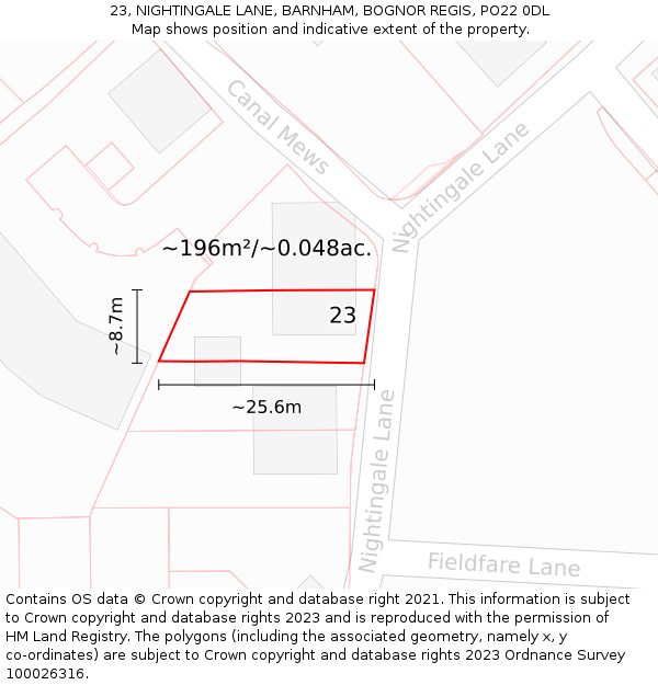 23, NIGHTINGALE LANE, BARNHAM, BOGNOR REGIS, PO22 0DL: Plot and title map