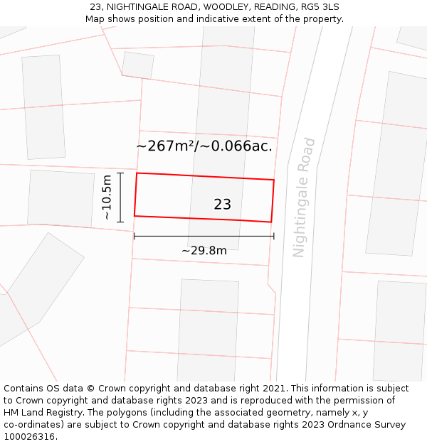 23, NIGHTINGALE ROAD, WOODLEY, READING, RG5 3LS: Plot and title map