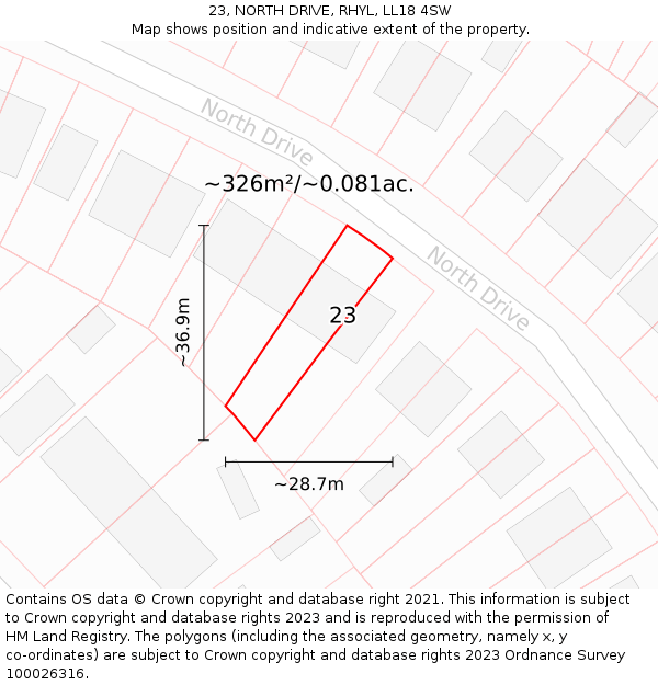 23, NORTH DRIVE, RHYL, LL18 4SW: Plot and title map