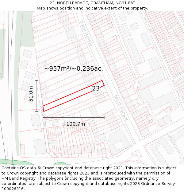 23, NORTH PARADE, GRANTHAM, NG31 8AT: Plot and title map