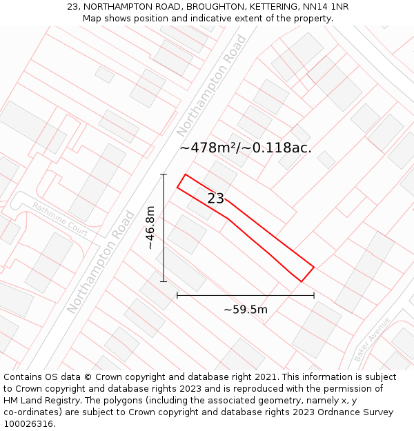 23, NORTHAMPTON ROAD, BROUGHTON, KETTERING, NN14 1NR: Plot and title map