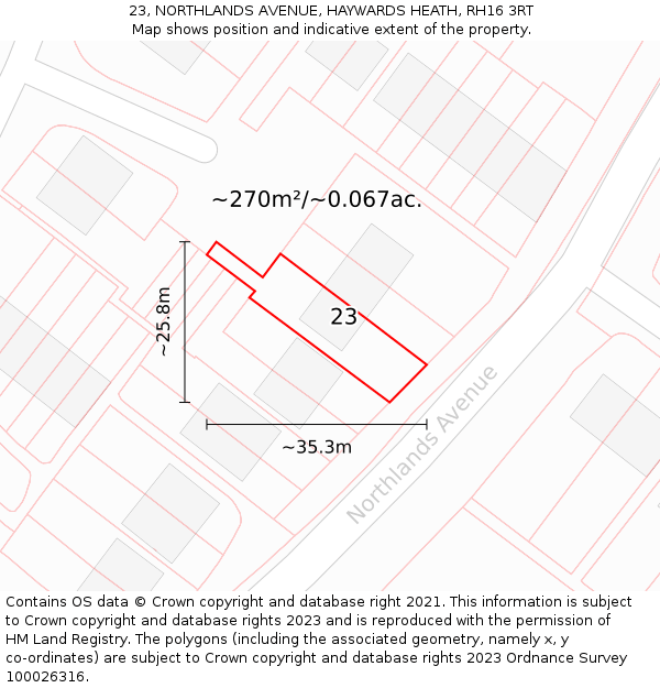 23, NORTHLANDS AVENUE, HAYWARDS HEATH, RH16 3RT: Plot and title map