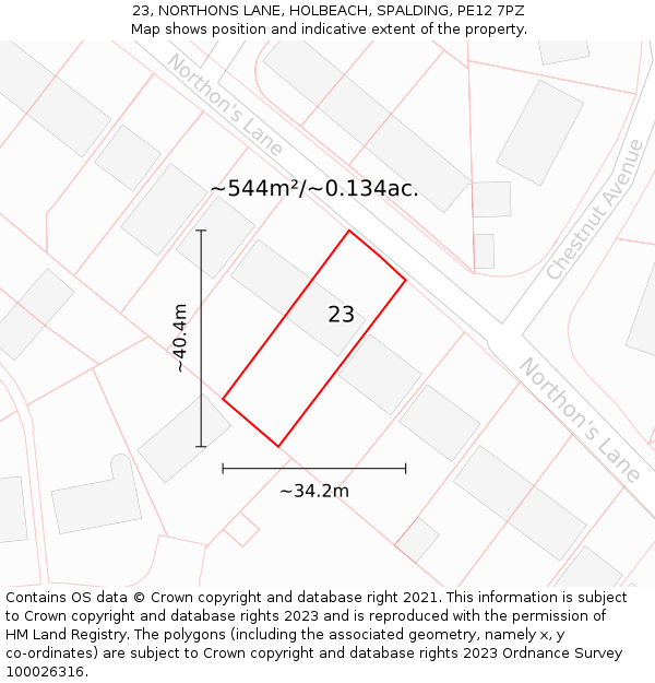 23, NORTHONS LANE, HOLBEACH, SPALDING, PE12 7PZ: Plot and title map