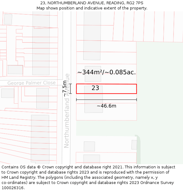23, NORTHUMBERLAND AVENUE, READING, RG2 7PS: Plot and title map