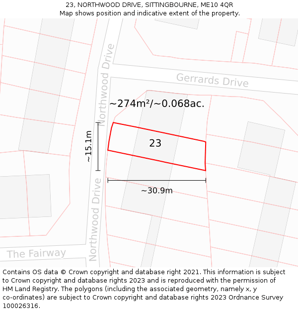 23, NORTHWOOD DRIVE, SITTINGBOURNE, ME10 4QR: Plot and title map