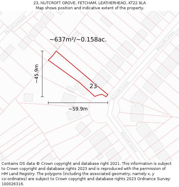 23, NUTCROFT GROVE, FETCHAM, LEATHERHEAD, KT22 9LA: Plot and title map