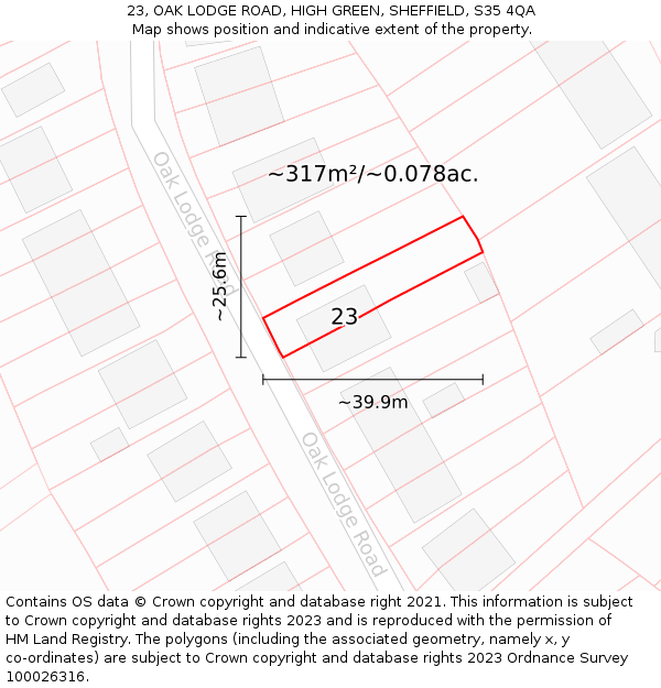 23, OAK LODGE ROAD, HIGH GREEN, SHEFFIELD, S35 4QA: Plot and title map