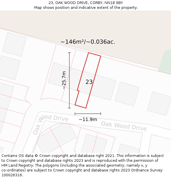 23, OAK WOOD DRIVE, CORBY, NN18 9BY: Plot and title map