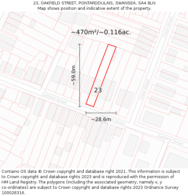 23, OAKFIELD STREET, PONTARDDULAIS, SWANSEA, SA4 8LN: Plot and title map