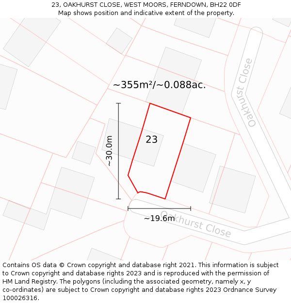 23, OAKHURST CLOSE, WEST MOORS, FERNDOWN, BH22 0DF: Plot and title map